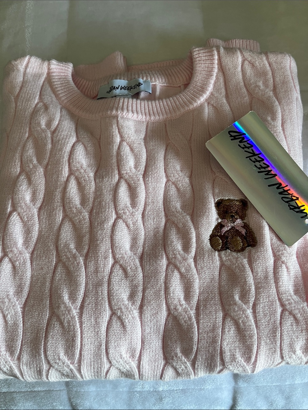 Soft Pink Cable Knit Crewneck Sweater super soft with bear 🐻